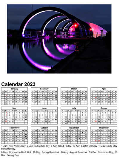 Year Calendar 2023 - Falkirk Wheel, Camelon Calendar